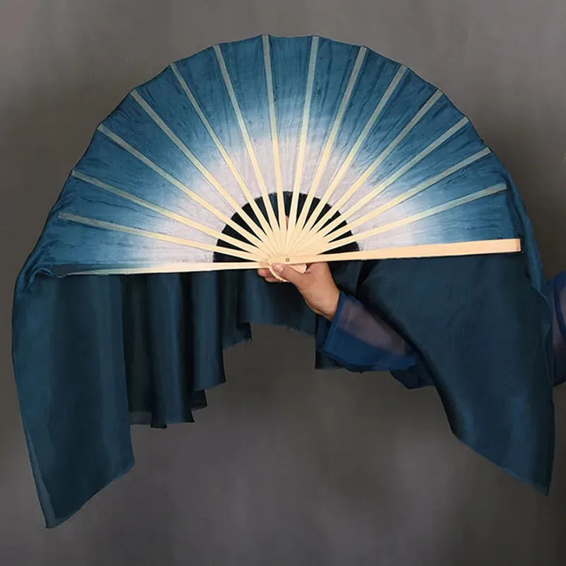 White Navy Blue Gradient Silk Fan Veils 20" Double Layer Prop for Dance & Performance