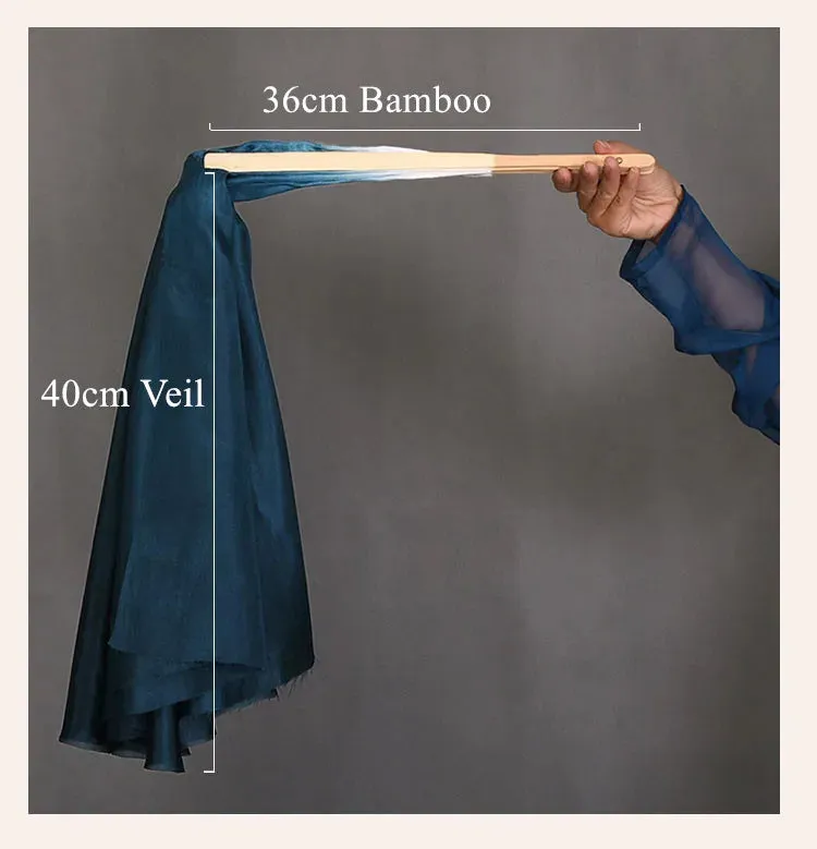 White Navy Blue Gradient Silk Fan Veils 20" Double Layer Prop for Dance & Performance