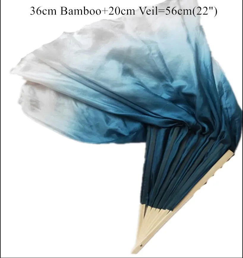 White Navy Blue Gradient Silk Fan Veils 20" Double Layer Prop for Dance & Performance