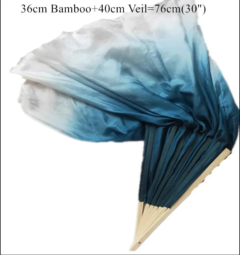 White Navy Blue Gradient Silk Fan Veils 20" Double Layer Prop for Dance & Performance