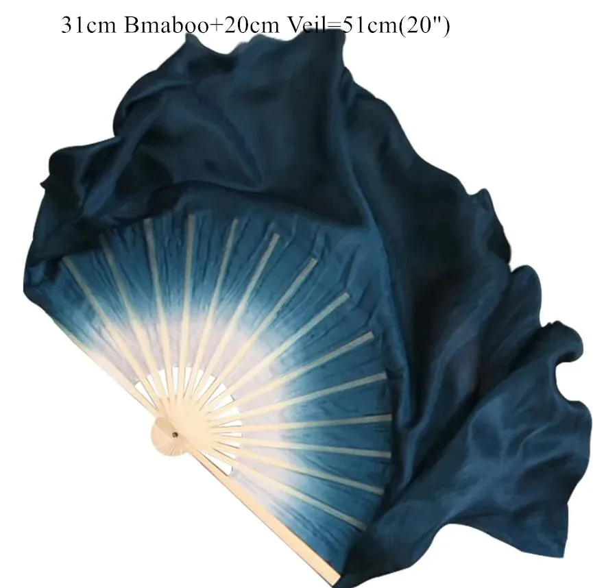 White Navy Blue Gradient Silk Fan Veils 20" Double Layer Prop for Dance & Performance