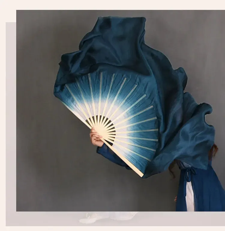 White Navy Blue Gradient Silk Fan Veils 20" Double Layer Prop for Dance & Performance