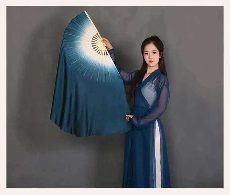 White Navy Blue Gradient Silk Fan Veils 20" Double Layer Prop for Dance & Performance