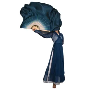 White Navy Blue Gradient Silk Fan Veils 20" Double Layer Prop for Dance & Performance