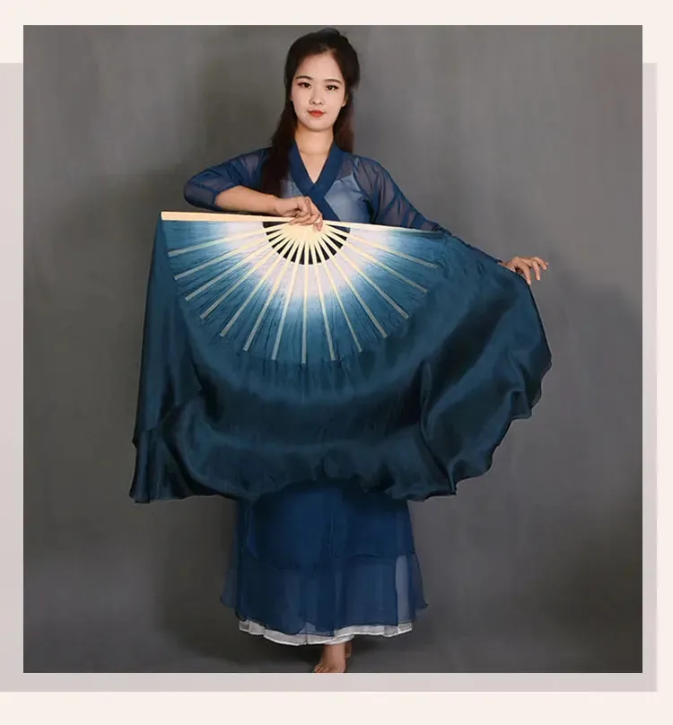 White Navy Blue Gradient Silk Fan Veils 20" Double Layer Prop for Dance & Performance