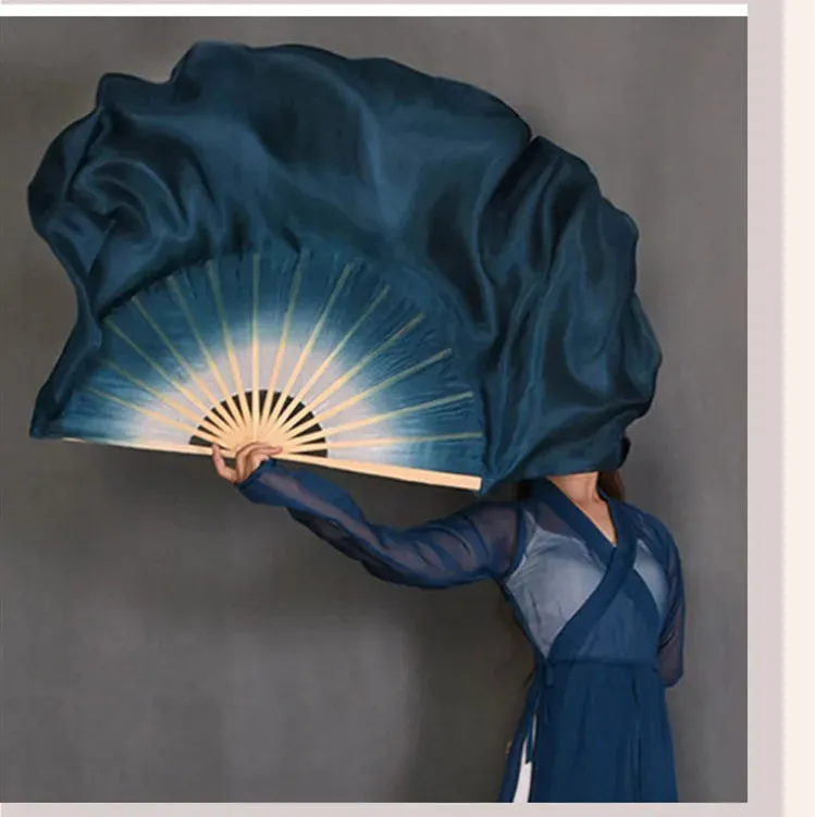 White Navy Blue Gradient Silk Fan Veils 20" Double Layer Prop for Dance & Performance
