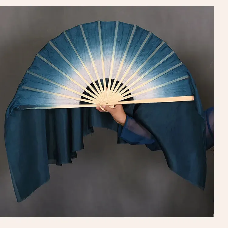 White Navy Blue Gradient Silk Fan Veils 20" Double Layer Prop for Dance & Performance