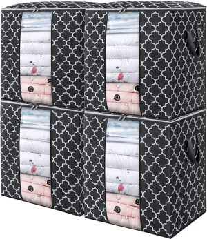 WISELIFE Storage Bags 4 Pack/100L Large Blanket Clothes Organization and Storage Containers for Comforters,Bedding, Foldable Organizer with Reinforced Handle, Clear Window, Sturdy Zippers,Black