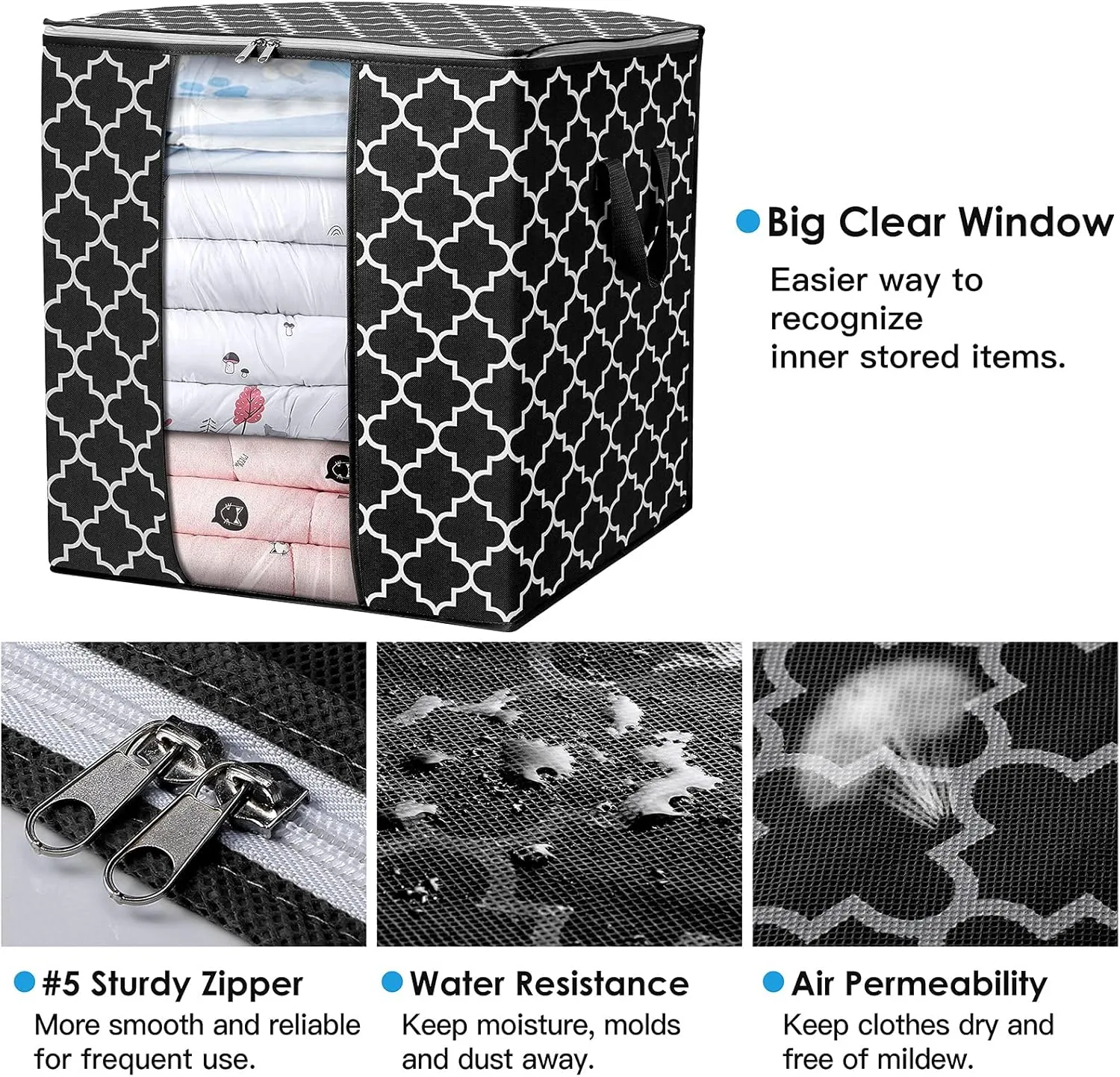 WISELIFE Storage Bags 4 Pack/100L Large Blanket Clothes Organization and Storage Containers for Comforters,Bedding, Foldable Organizer with Reinforced Handle, Clear Window, Sturdy Zippers,Black