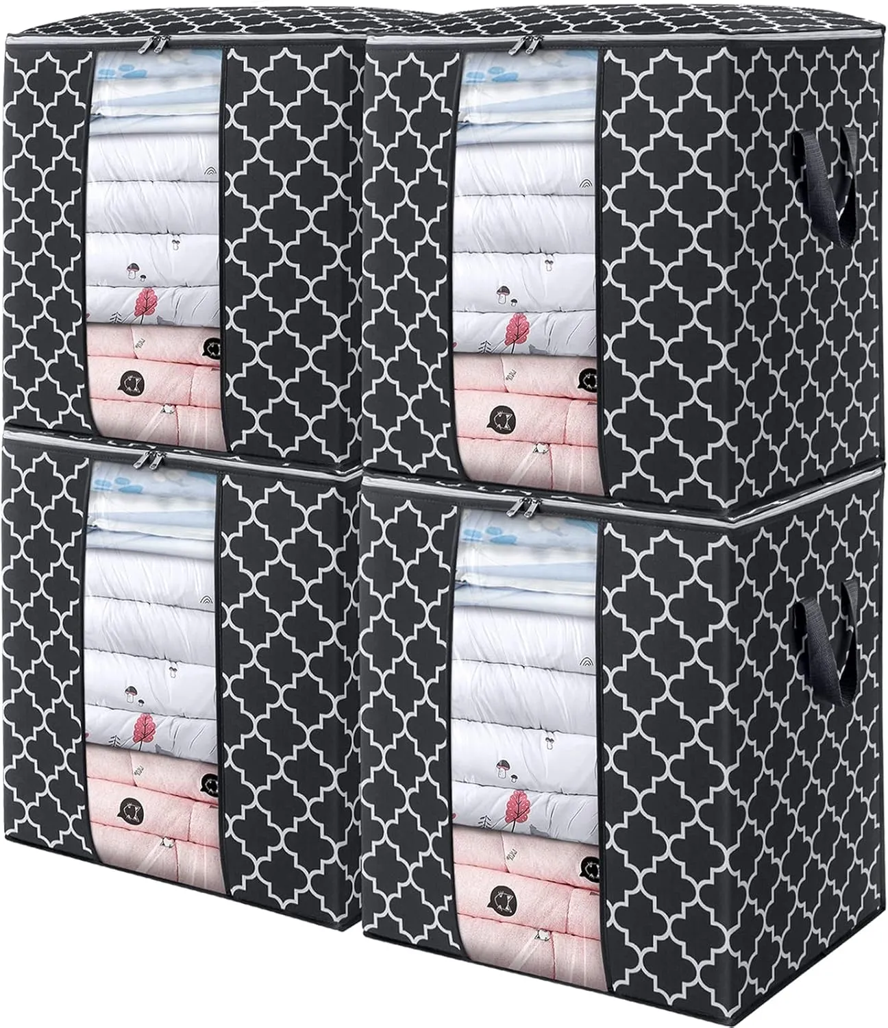 WISELIFE Storage Bags 4 Pack/100L Large Blanket Clothes Organization and Storage Containers for Comforters,Bedding, Foldable Organizer with Reinforced Handle, Clear Window, Sturdy Zippers,Black