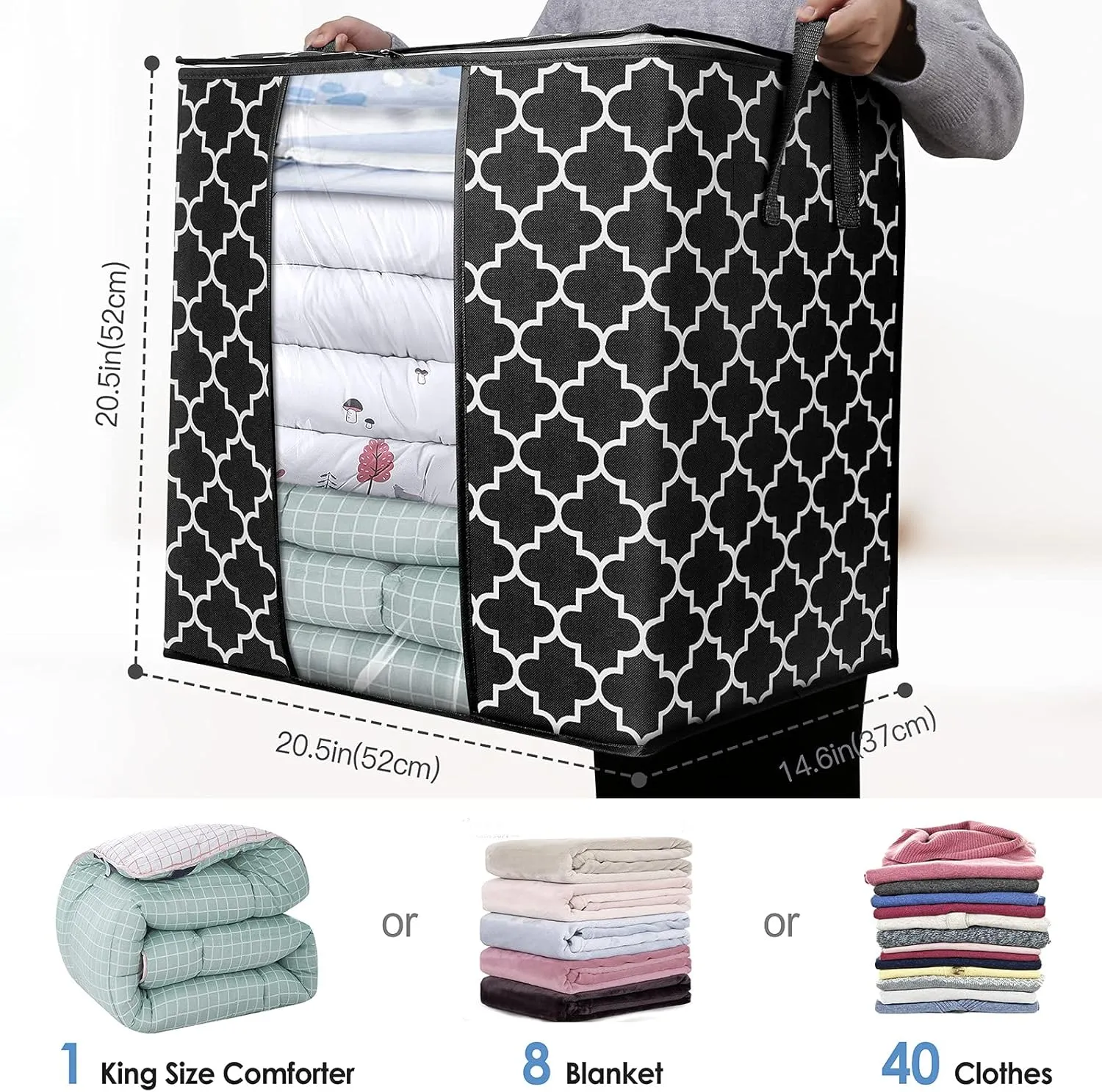 WISELIFE Storage Bags 4 Pack/100L Large Blanket Clothes Organization and Storage Containers for Comforters,Bedding, Foldable Organizer with Reinforced Handle, Clear Window, Sturdy Zippers,Black