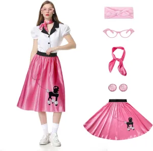 Women 1950s Poodle Skirt Outfit Halloween 50s 60s Retro Costume Accessories with Scarf Eyeglass Bandana Earring