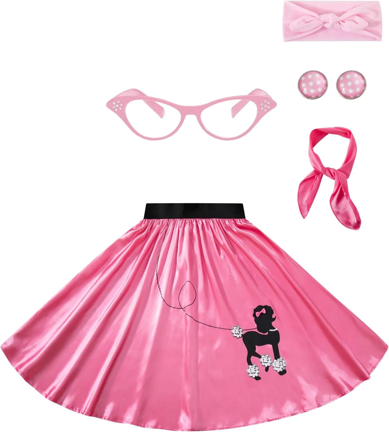 Women 1950s Poodle Skirt Outfit Halloween 50s 60s Retro Costume Accessories with Scarf Eyeglass Bandana Earring