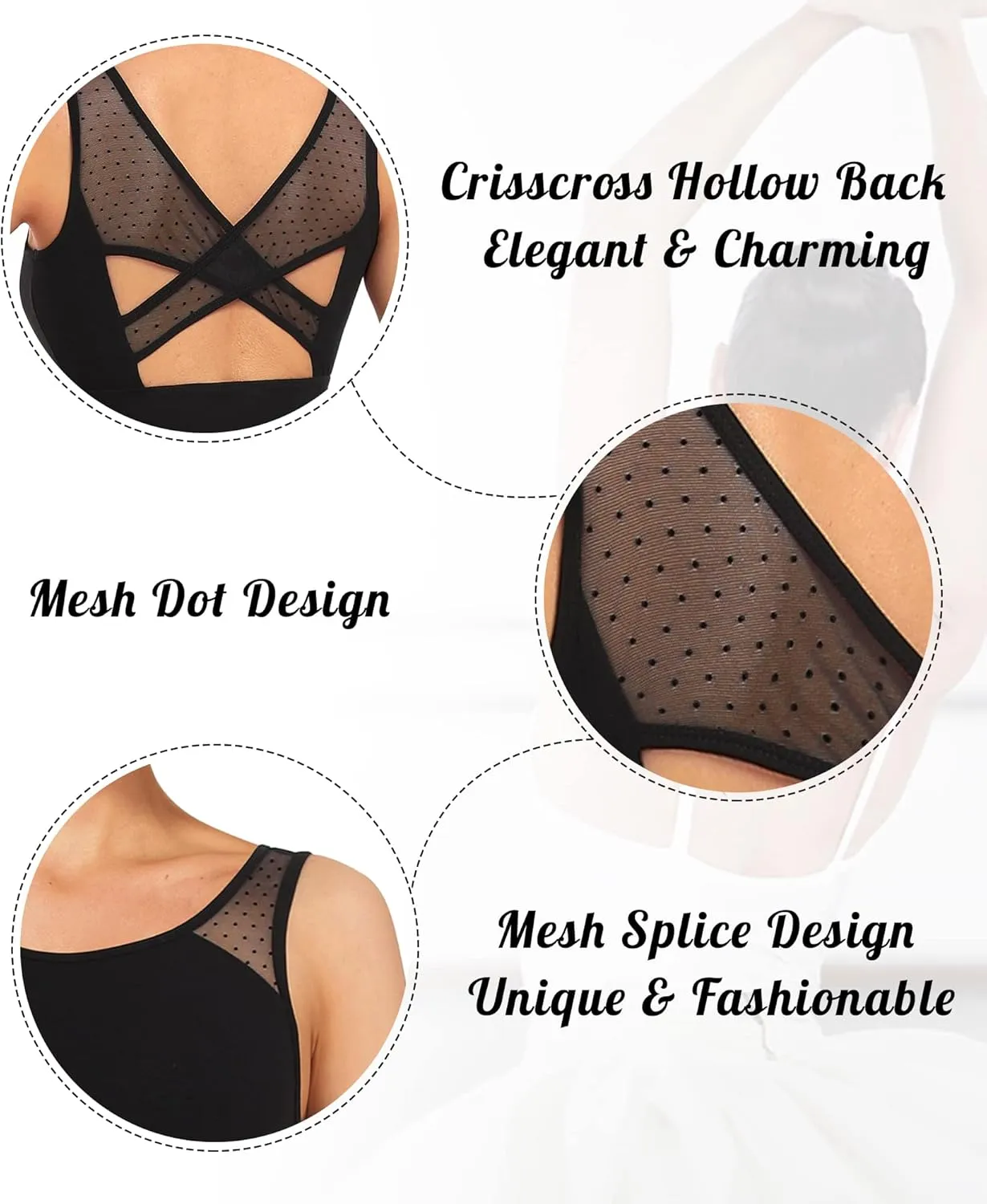 Women Ballet Lace Short Sleeve Dance Leotard Tank, Hollow Back Dancewear