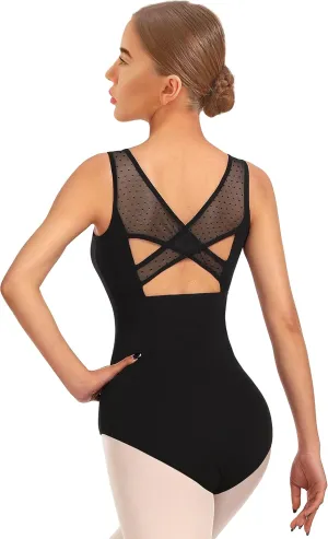 Women Ballet Lace Short Sleeve Dance Leotard Tank, Hollow Back Dancewear