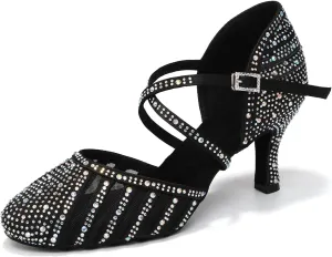 Women Ballroom Dance Shoes Rhinestone Closed Toe Latin Salsa Performance Dancing Shoes Suede Sole