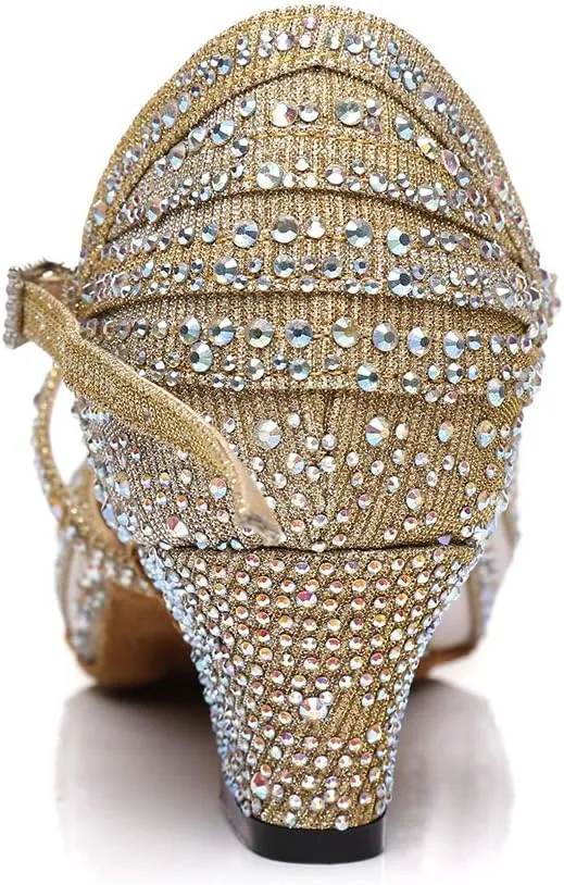 Women Ballroom Dance Shoes Rhinestone Closed Toe Latin Salsa Performance Dancing Shoes Suede Sole
