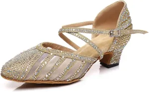 Women Ballroom Dance Shoes Rhinestone Closed Toe Latin Salsa Performance Dancing Shoes Suede Sole