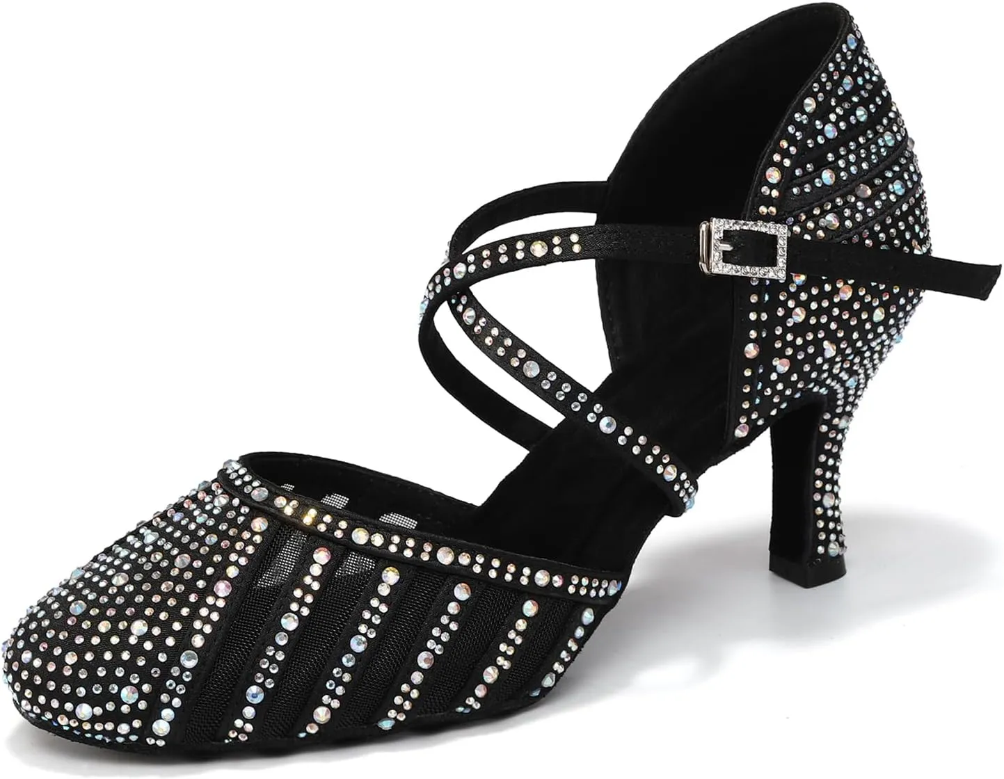 Women Ballroom Dance Shoes Rhinestone Closed Toe Latin Salsa Performance Dancing Shoes Suede Sole