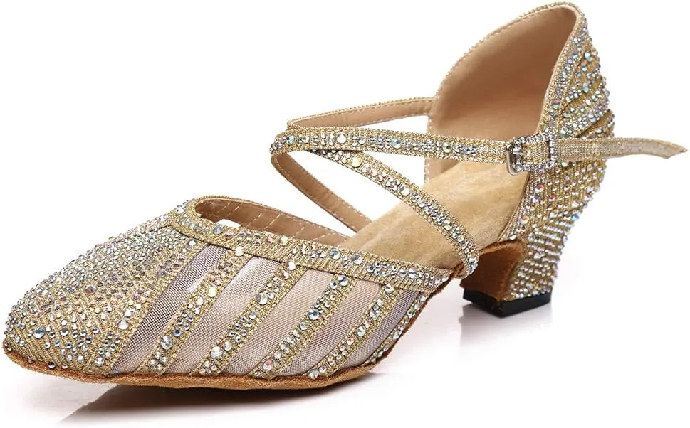 Women Ballroom Dance Shoes Rhinestone Closed Toe Latin Salsa Performance Dancing Shoes Suede Sole