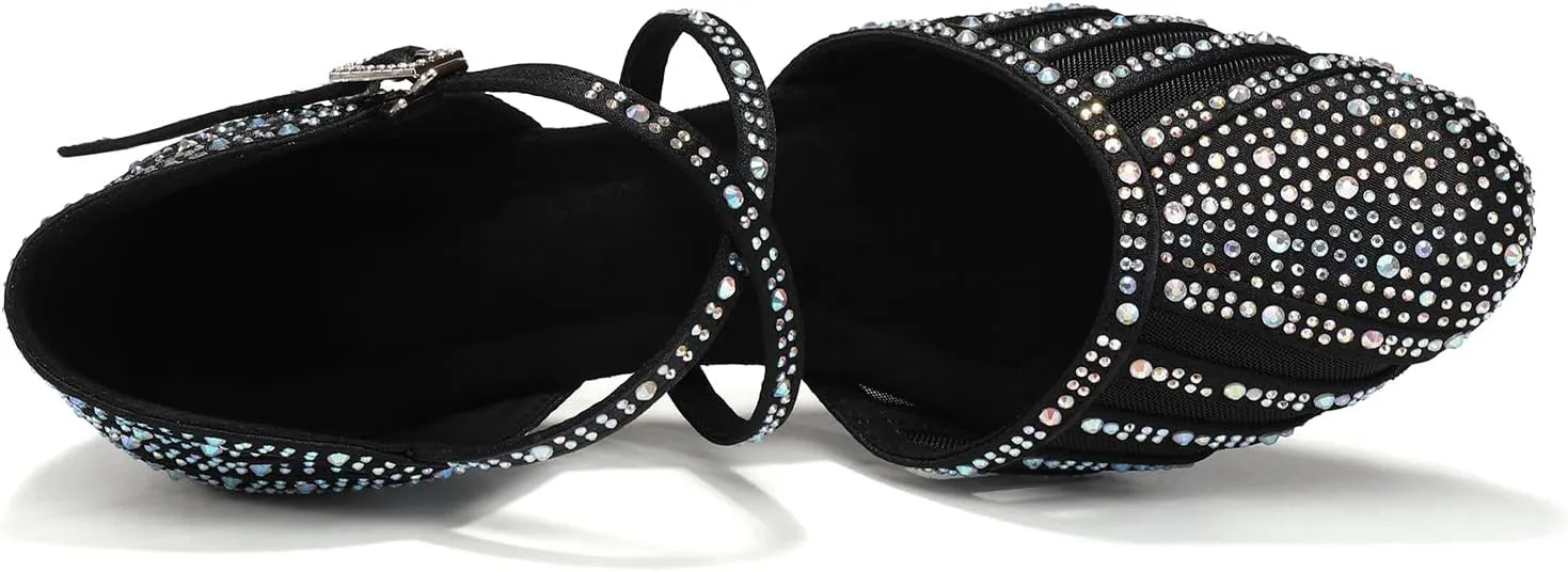Women Ballroom Dance Shoes Rhinestone Closed Toe Latin Salsa Performance Dancing Shoes Suede Sole