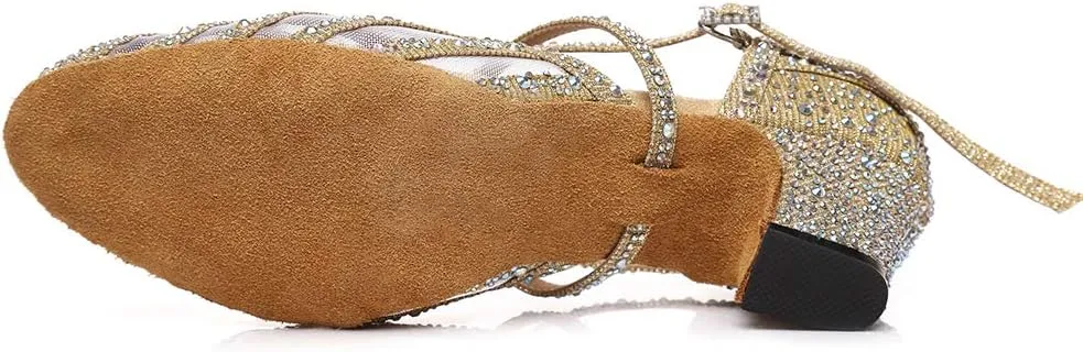 Women Ballroom Dance Shoes Rhinestone Closed Toe Latin Salsa Performance Dancing Shoes Suede Sole
