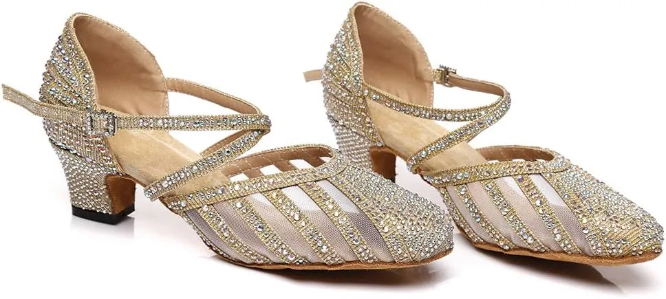 Women Ballroom Dance Shoes Rhinestone Closed Toe Latin Salsa Performance Dancing Shoes Suede Sole