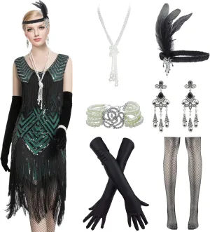 Women Flapper Dress 1920s Gatsby Tassel Sway Dance Cocktail Dress with 20s Accessories Set