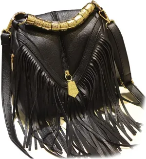 Women Handbag PU Leather Bohemian Bucket Bag Tassel Bag Shoulder Bag Messenger Bag Girl Bag (Black)