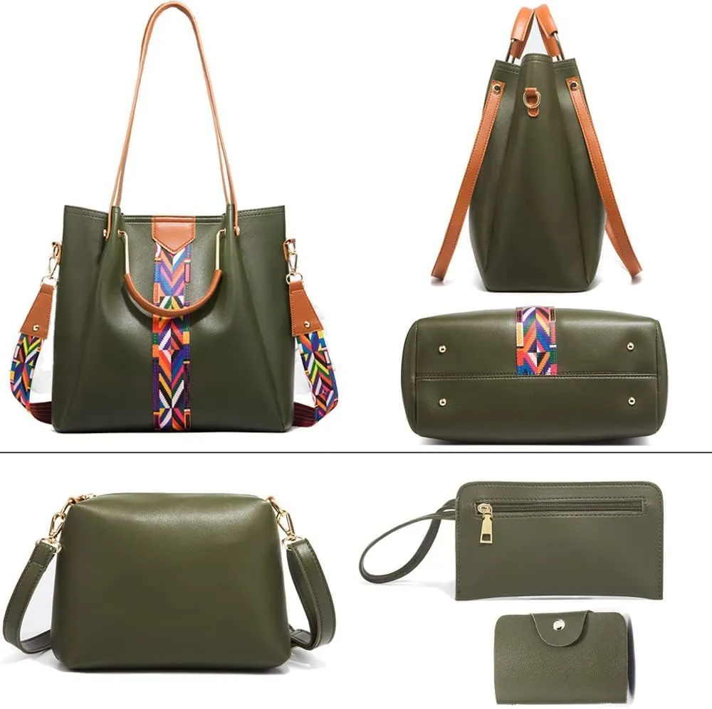 Women Handbags Sets Vegan Leather Purses Color Woven Tape Tote Bags Shoulder Crossbody Bag