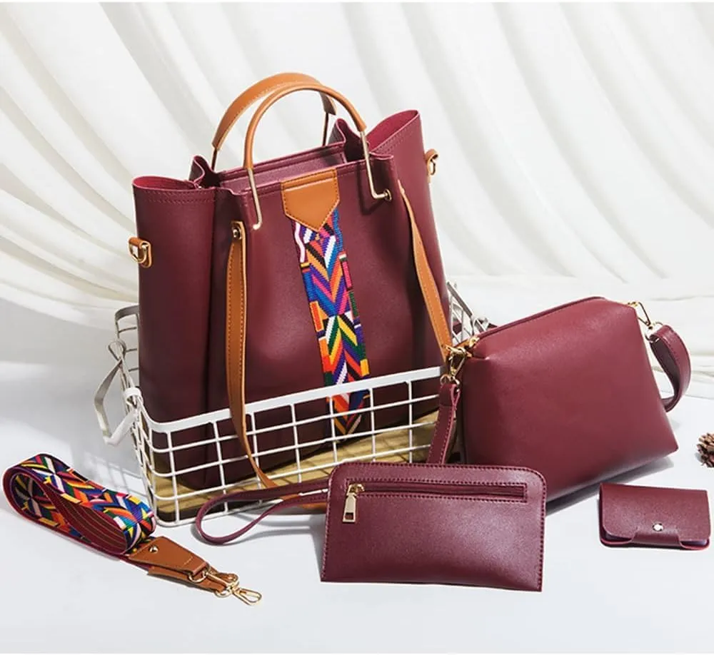 Women Handbags Sets Vegan Leather Purses Color Woven Tape Tote Bags Shoulder Crossbody Bag