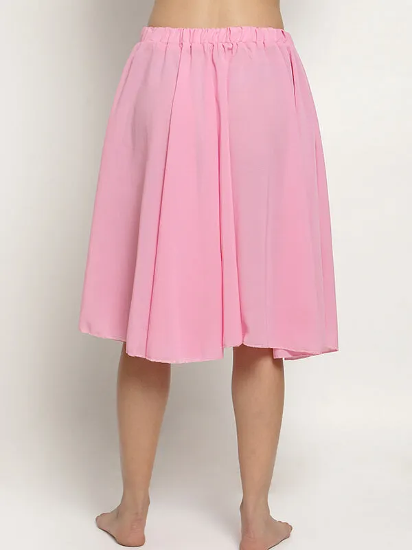 Women Knee Length Stylish Chiffon Flowy Sheer Pink Midi Skirt with Elastic Pull on Waist
