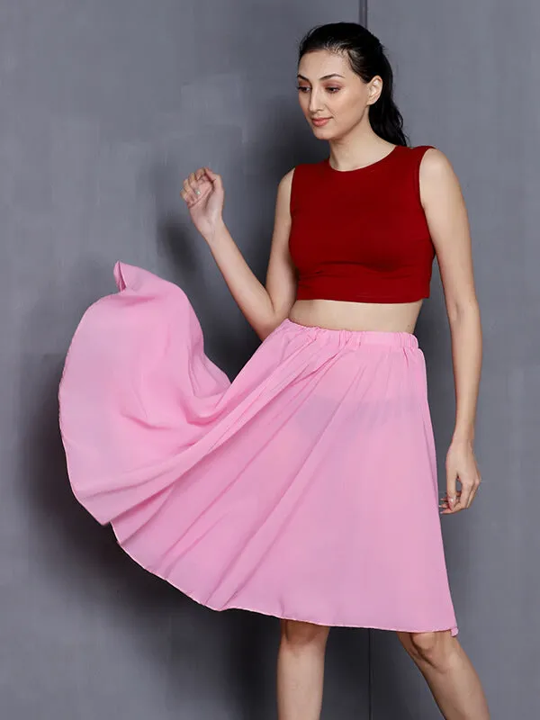 Women Knee Length Stylish Chiffon Flowy Sheer Pink Midi Skirt with Elastic Pull on Waist