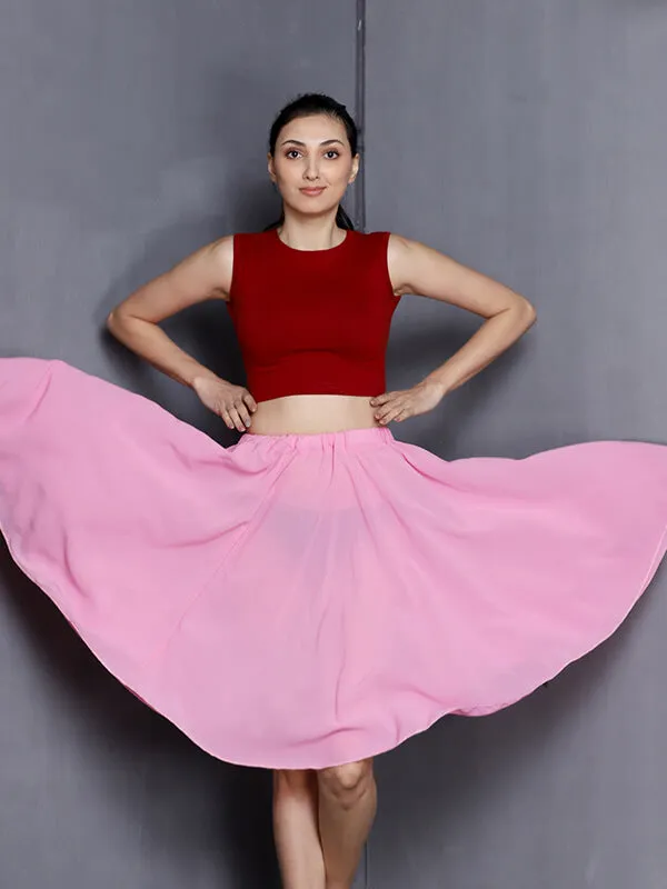 Women Knee Length Stylish Chiffon Flowy Sheer Pink Midi Skirt with Elastic Pull on Waist