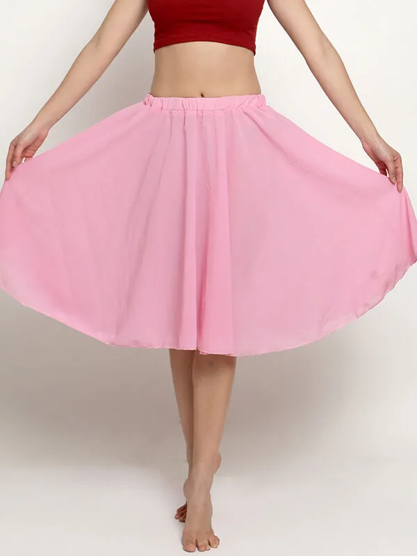 Women Knee Length Stylish Chiffon Flowy Sheer Pink Midi Skirt with Elastic Pull on Waist