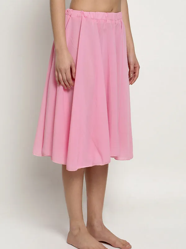 Women Knee Length Stylish Chiffon Flowy Sheer Pink Midi Skirt with Elastic Pull on Waist