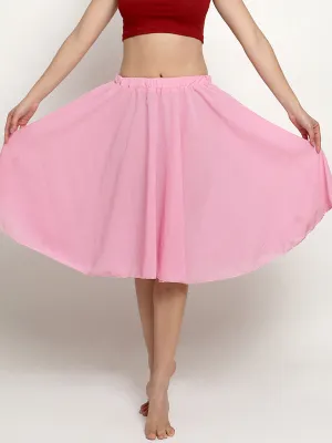 Women Knee Length Stylish Chiffon Flowy Sheer Pink Midi Skirt with Elastic Pull on Waist