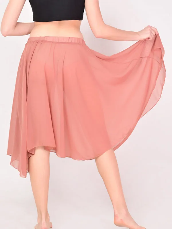 Women Knee Length Stylish Chiffon Flowy Sheer Terracotta Midi Skirt with Elastic Pull on Waist