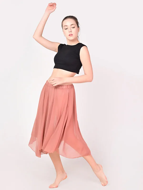 Women Knee Length Stylish Chiffon Flowy Sheer Terracotta Midi Skirt with Elastic Pull on Waist