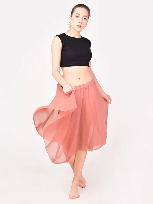 Women Knee Length Stylish Chiffon Flowy Sheer Terracotta Midi Skirt with Elastic Pull on Waist