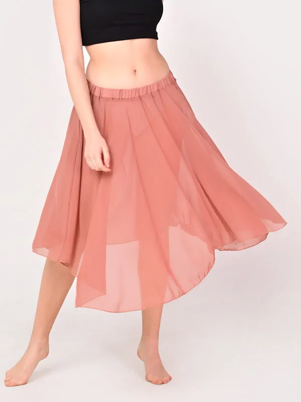 Women Knee Length Stylish Chiffon Flowy Sheer Terracotta Midi Skirt with Elastic Pull on Waist