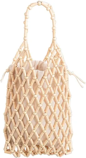 Women Mini Tote Bag Handmade Woven Bucket Bag Drawstring Handbag Summer Beach Bag Bohemian Clutch Bag Top-handle Bag