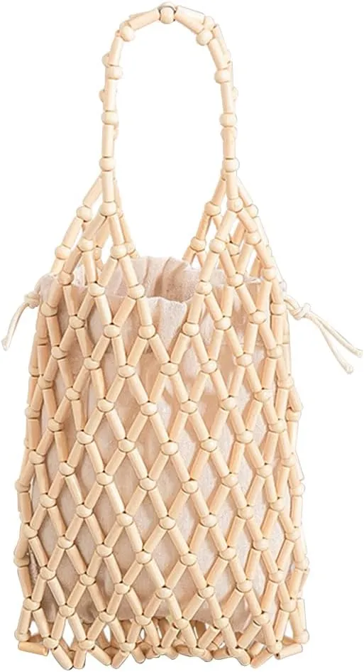 Women Mini Tote Bag Handmade Woven Bucket Bag Drawstring Handbag Summer Beach Bag Bohemian Clutch Bag Top-handle Bag