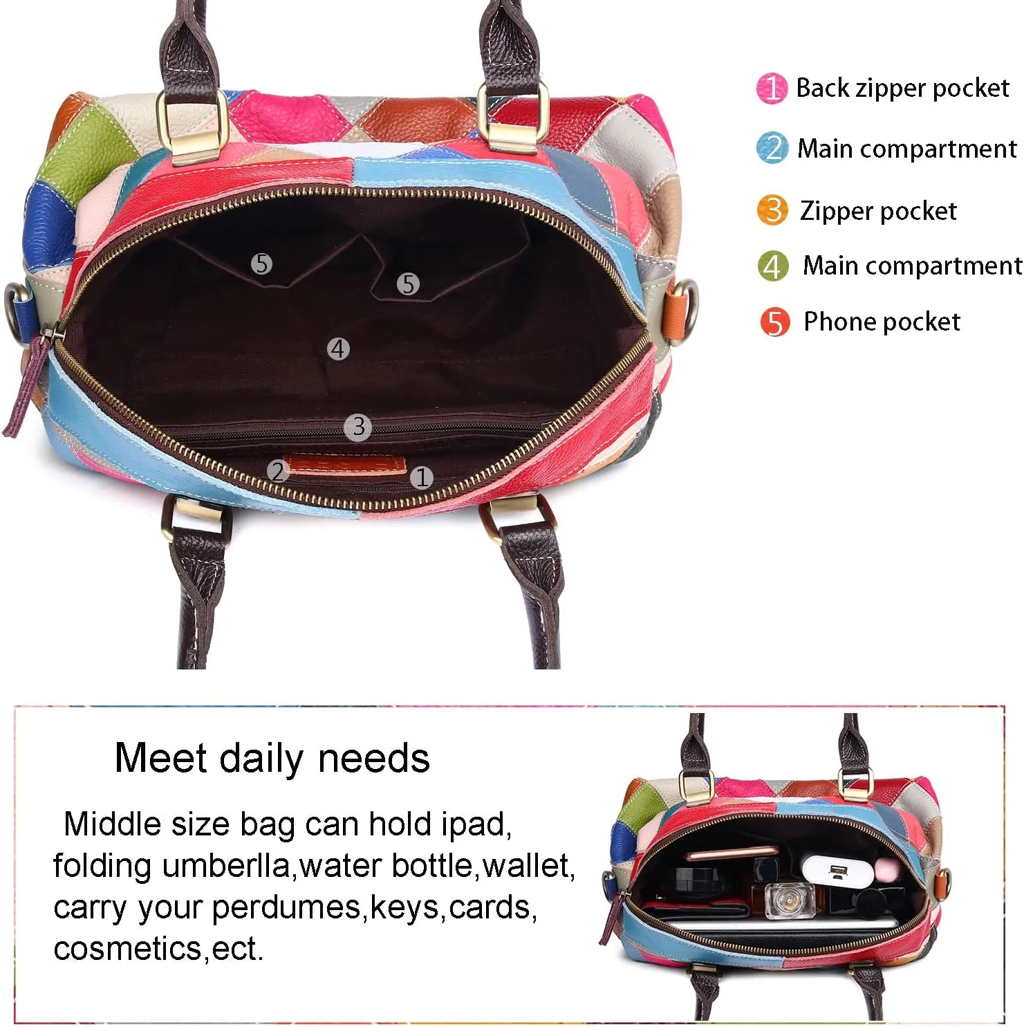 Women Multicolor Shell Bag Genuine Leather Cute Tote Bag Colorful Handbag Purses