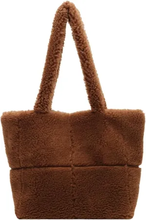 Women Plush Tote Bag Fluffy Underarm Bag Large Capacity Hobo Bag Solid Color Handbag for Work Travel Shopping