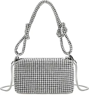 Women Rhinestone Box Bag Knot Handle Evening Clutch Handbag Diamond Purse with Detachable Strap for Wedding Party