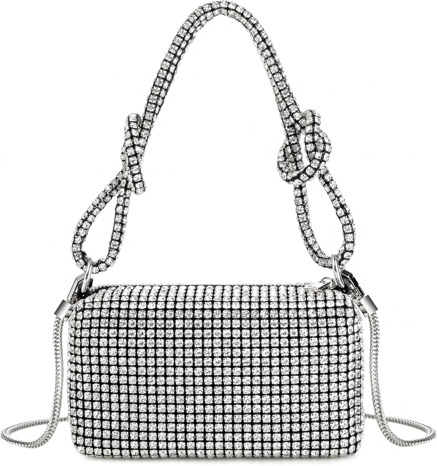 Women Rhinestone Box Bag Knot Handle Evening Clutch Handbag Diamond Purse with Detachable Strap for Wedding Party