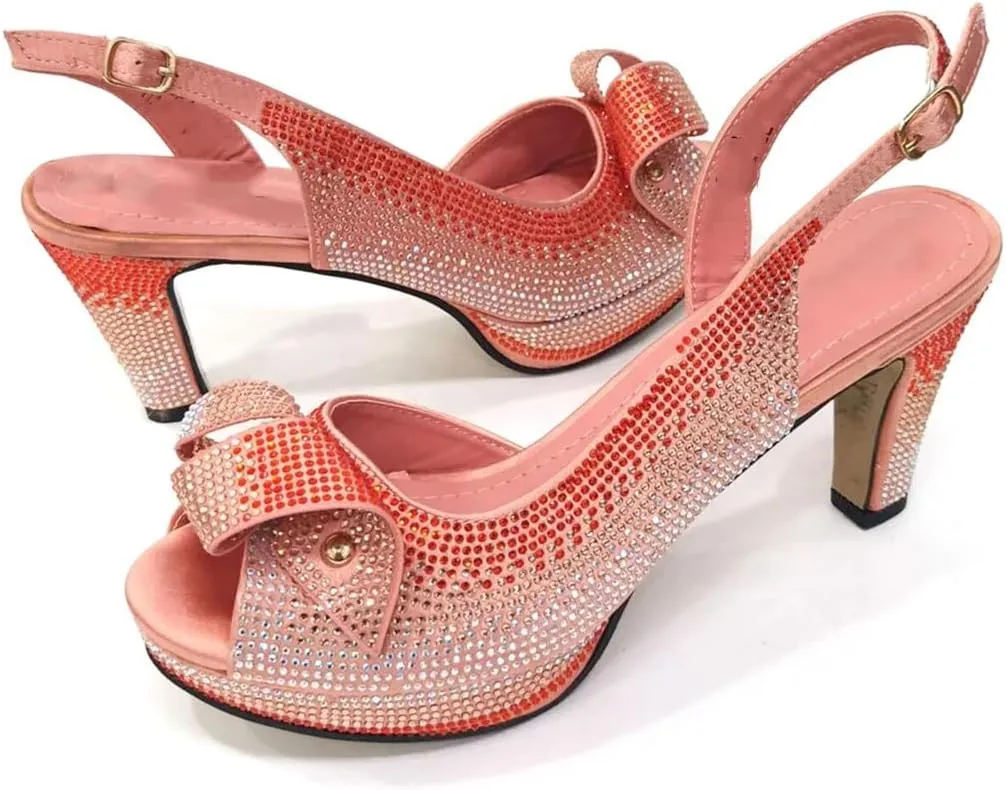 Women Rhinestone Elegant High Heels Buckle Strap Fashion Slingbacks Peep Toe Shoe and Bag Set