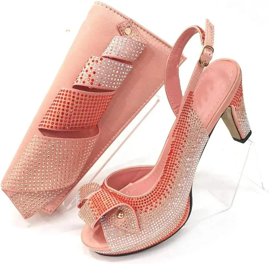 Women Rhinestone Elegant High Heels Buckle Strap Fashion Slingbacks Peep Toe Shoe and Bag Set