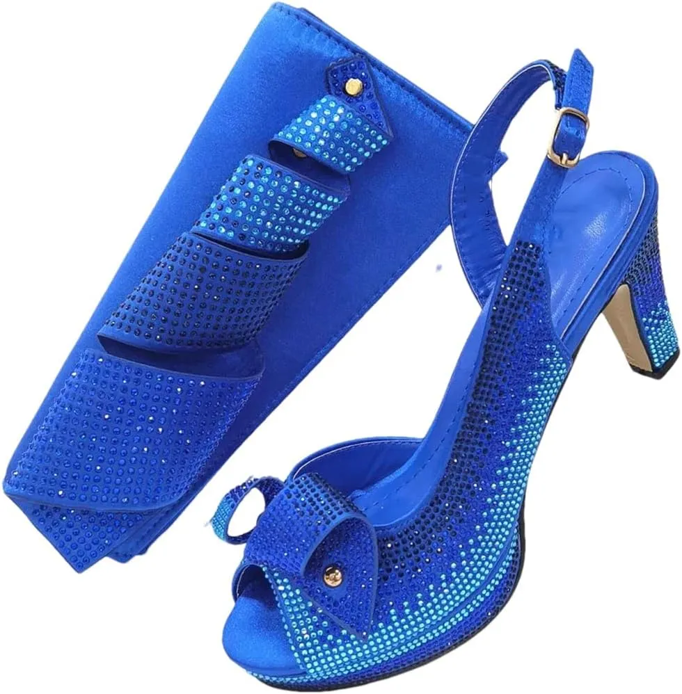 Women Rhinestone Elegant High Heels Buckle Strap Fashion Slingbacks Peep Toe Shoe and Bag Set